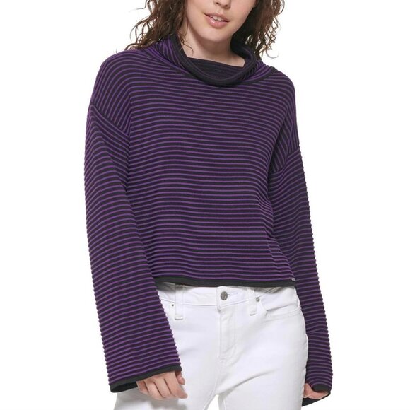 NWT DKNY Purple Striped Cowl Neck Sweater Ribbed Knit Flare Sleeve Crop Top L - Picture 6 of 6